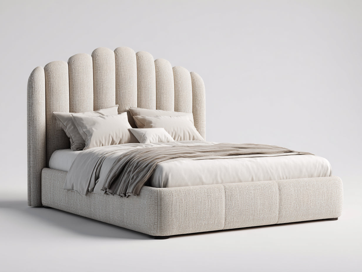 Lit double - Tissu - 222 x 188 x 138 cm - Beige clair - Style organique