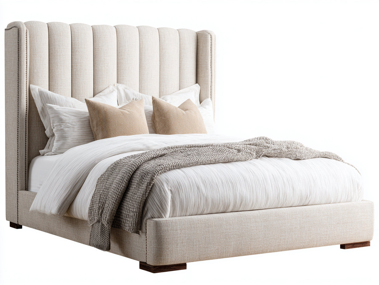 Lit double - Lin-Bois - 226 x 190 x 150 cm - Beige-Brun bois - Style classique contemporain