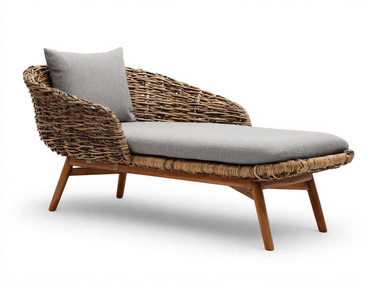 Bain de soleil - rotin-bois-tissu - 188 x 82 x 84 cm - gris clair-brun - bohème