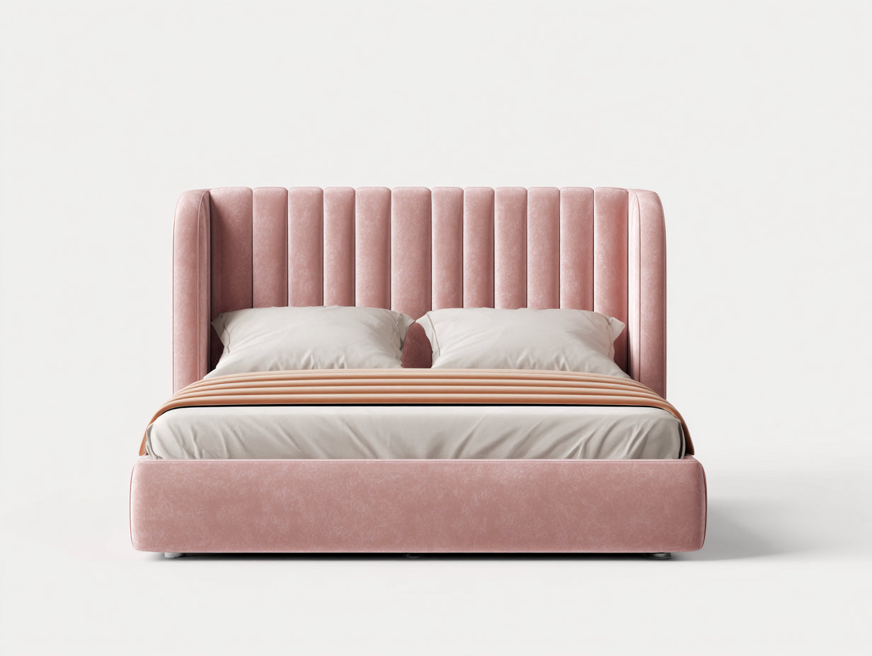 Lit double - Velours - 220 x 185 x 132 cm - Rose pêche - Style glamour