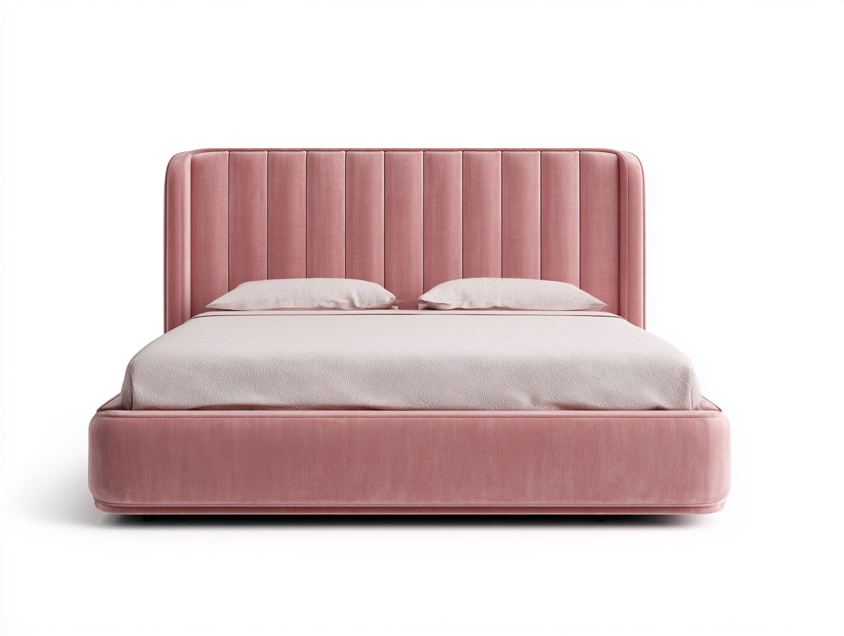 Lit double - Velours - 218 x 182 x 125 cm - Rose ancien - Style contemporain