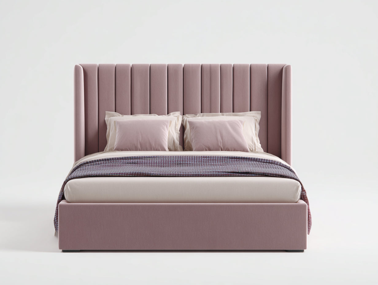 Lit double - Velours - 224 x 185 x 140 cm - Rose poudré - Style glamour