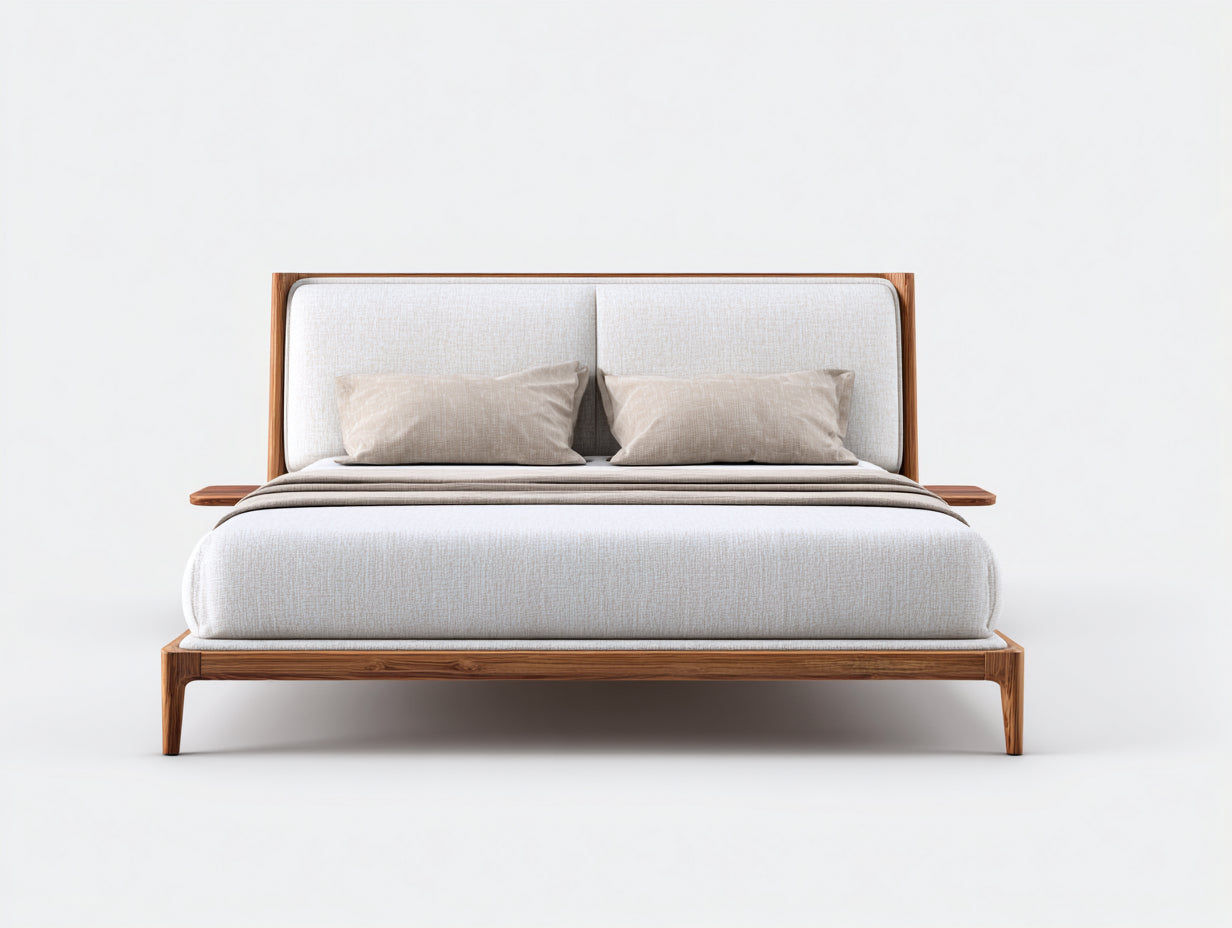 Lit double - Bois-Tissu - 220 x 180 x 112 cm - Blanc cassé-Brun bois - Style scandinave