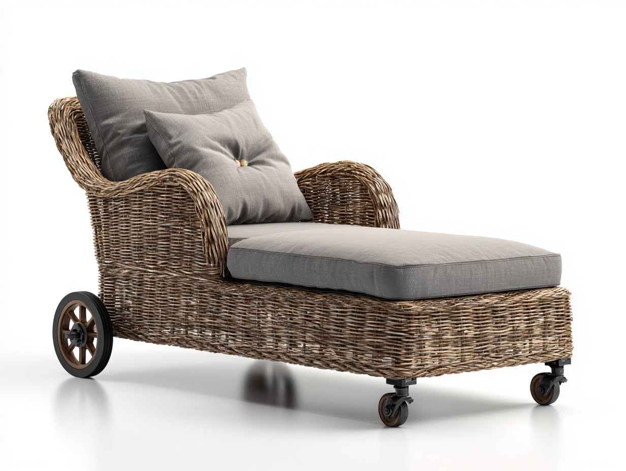 Bain de soleil - rotin-tissu-métal - 185 x 82 x 96 cm - gris-brun-noir - rustique