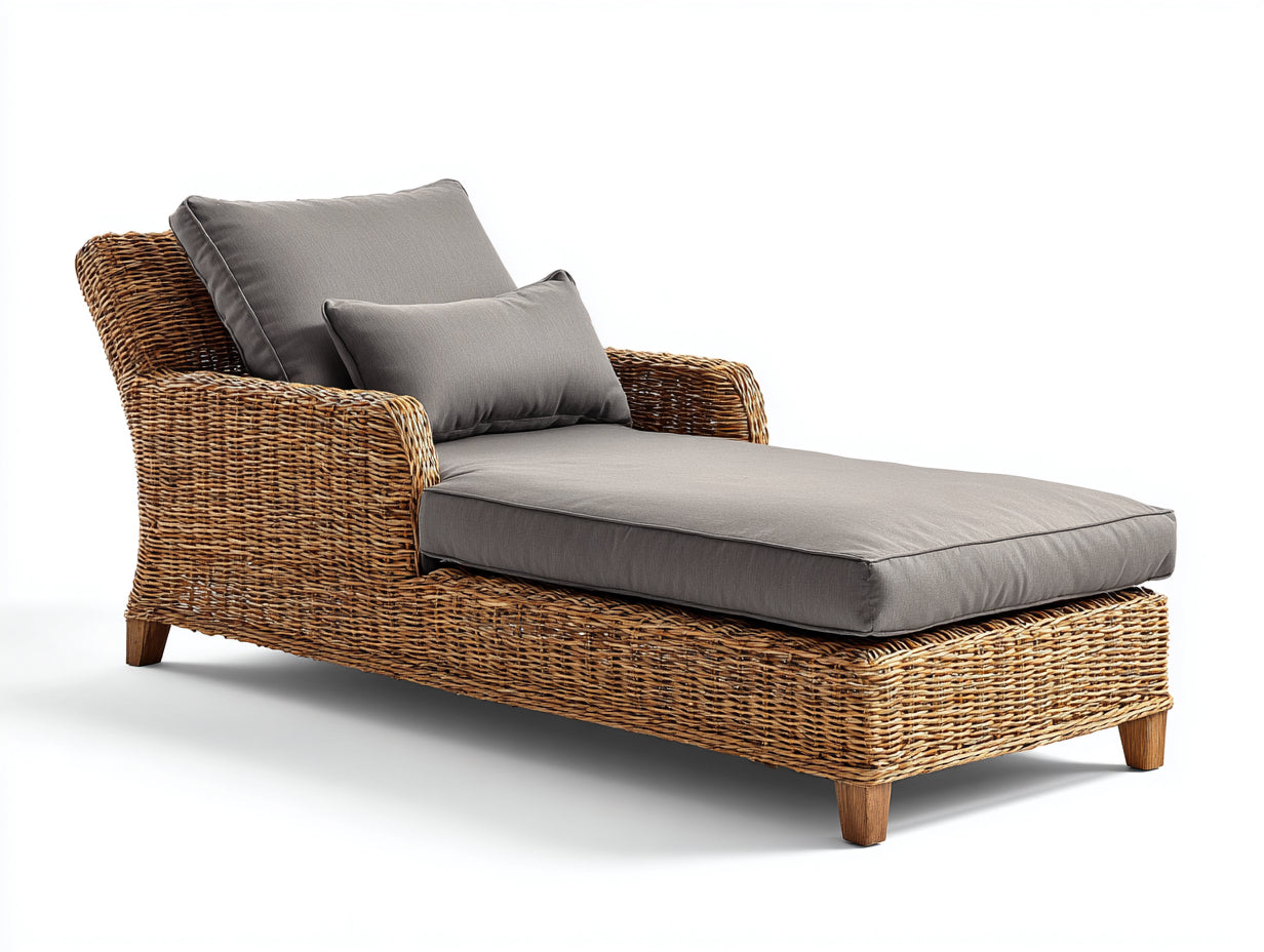 Bain de soleil - rotin-tissu-bois - 190 x 91 x 88 cm - gris-brun miel - rustique
