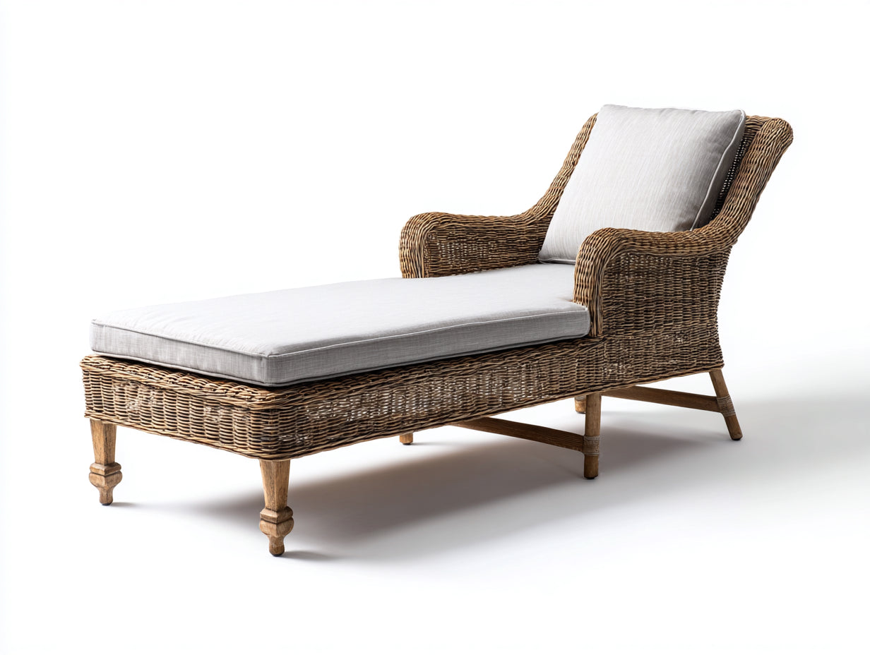 Bain de soleil - rotin-bois-tissu - 181 x 80 x 91 cm - gris perle-brun - classique