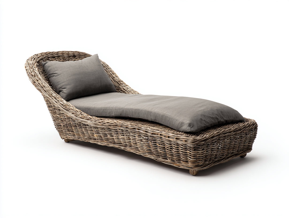 Bain de soleil - rotin-tissu - 194 x 79 x 77 cm - gris taupe-rotin naturel - organique