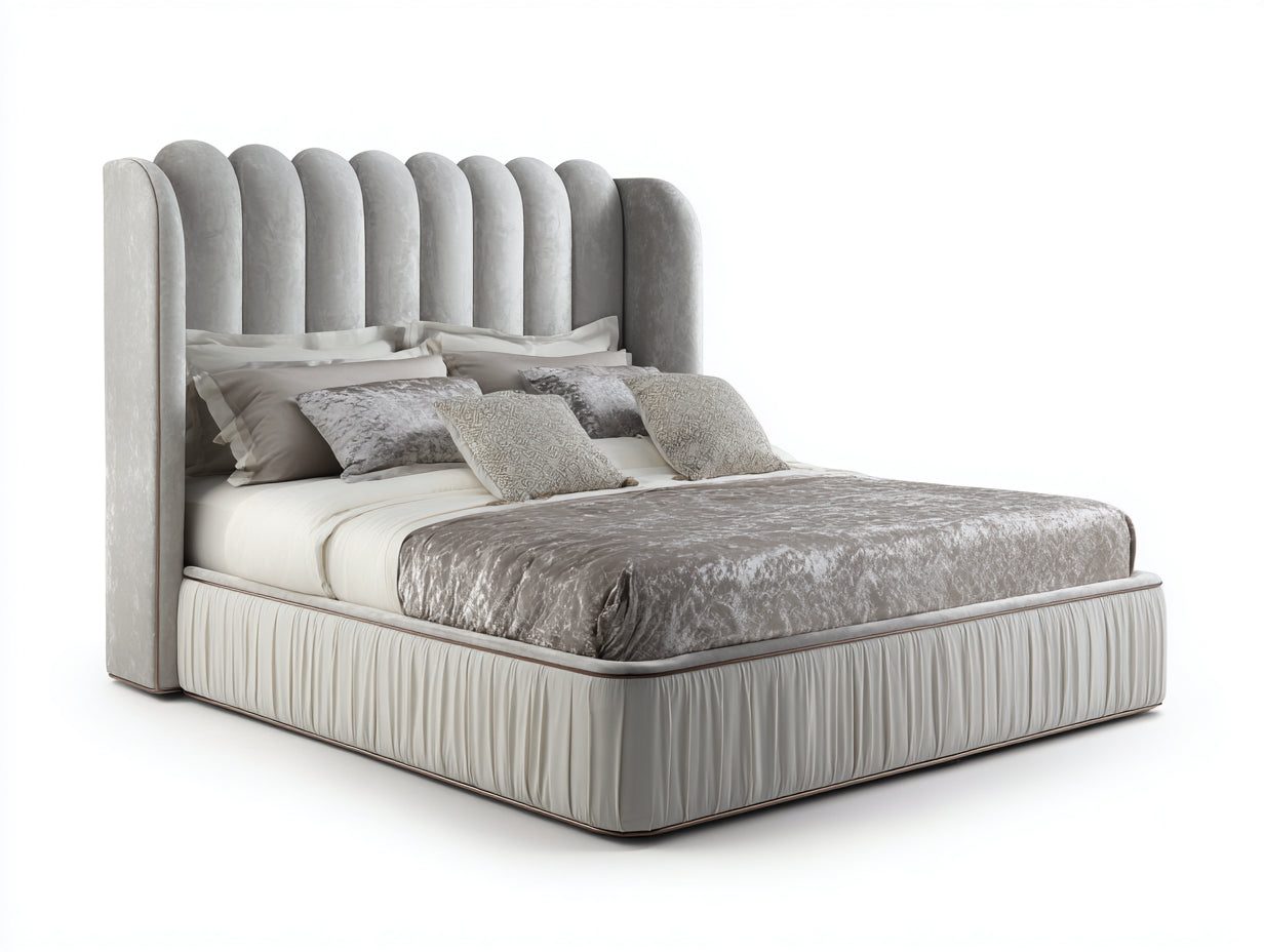 Lit double - Velours-Tissu - 230 x 190 x 145 cm - Gris clair - Style glamour
