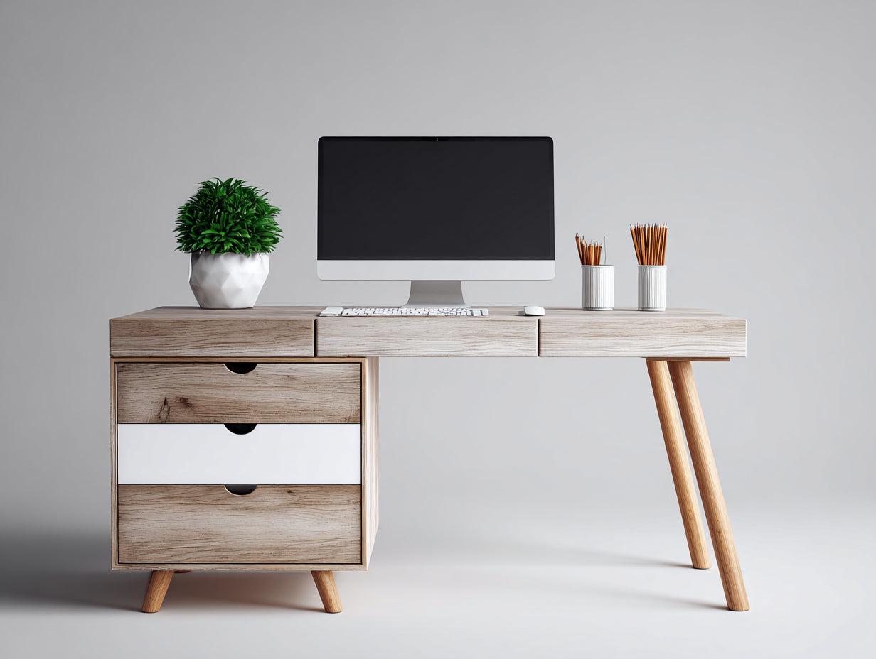 Bureau-Bois-MDF-130x65x76 cm-Blanc-Bois naturel-Style scandinave