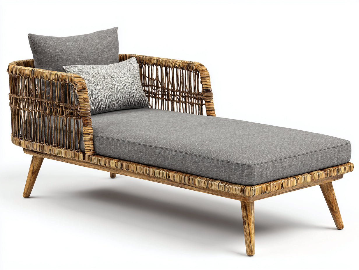 Bain de soleil - rotin-bois-tissu - 188 x 77 x 81 cm - gris-brun miel - bohème