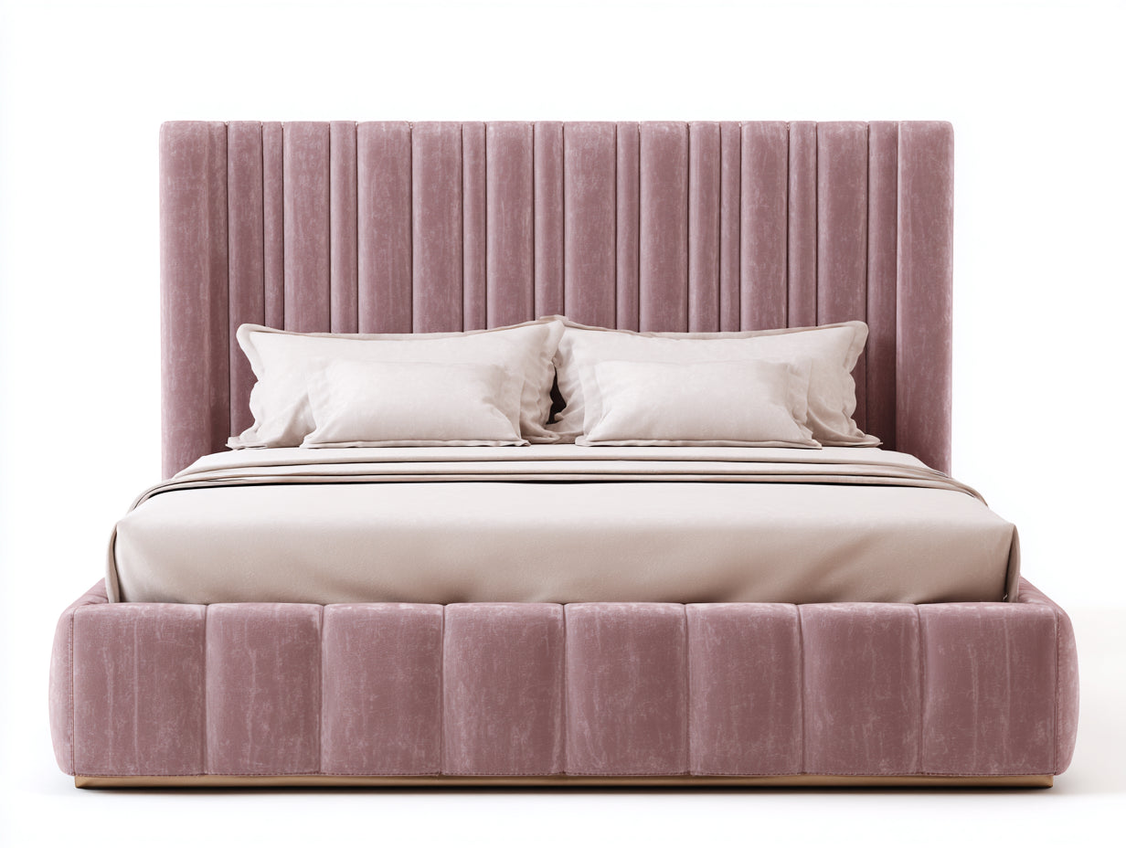 Lit double - Velours - 225 x 190 x 150 cm - Rose ancien - Style glamour